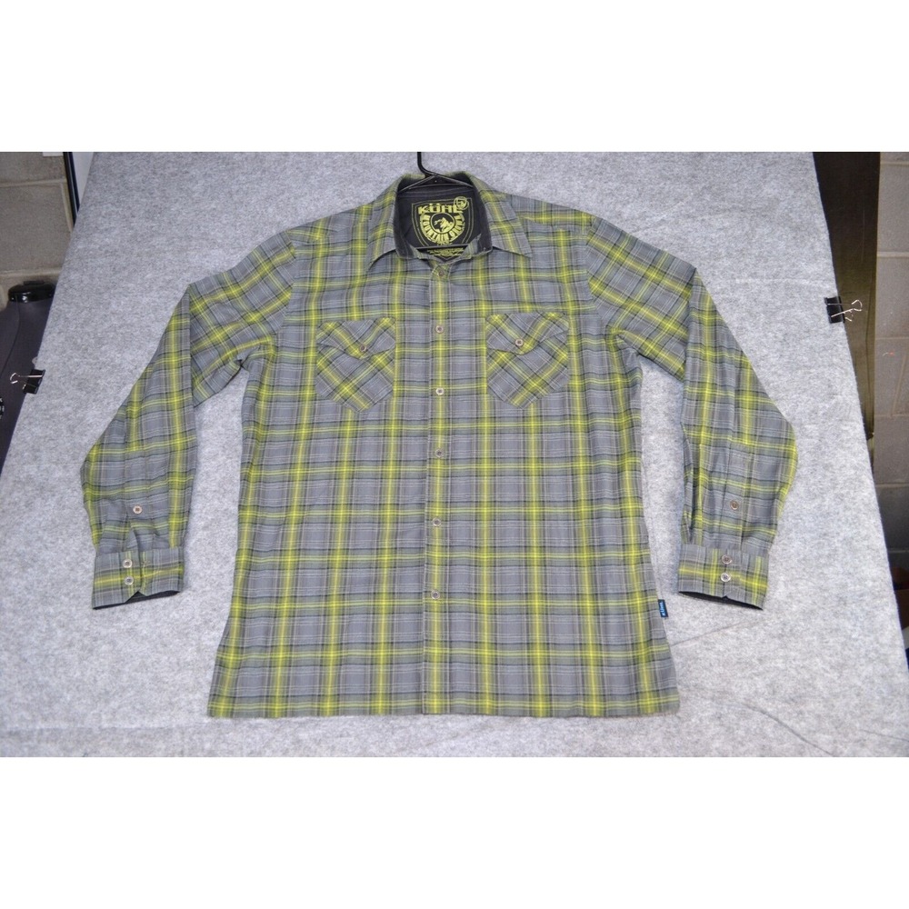 Kuhl Mountain Crown Shirt Mens‎ L Lime Gray Plaid Long Sleeve Classic Button-Up